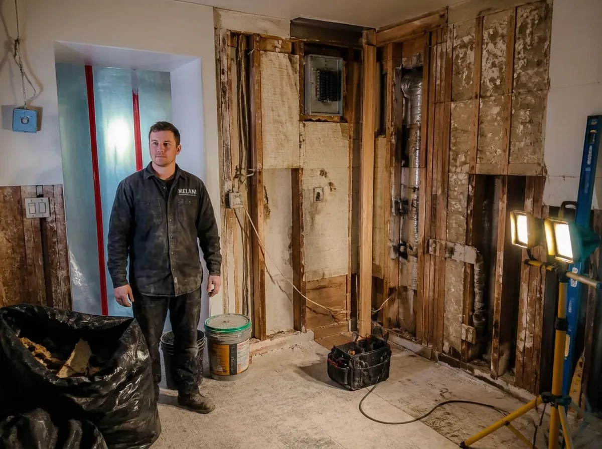 Kitchen remodel NYC demolition phase with cabinets removed and dust protection in an apartment