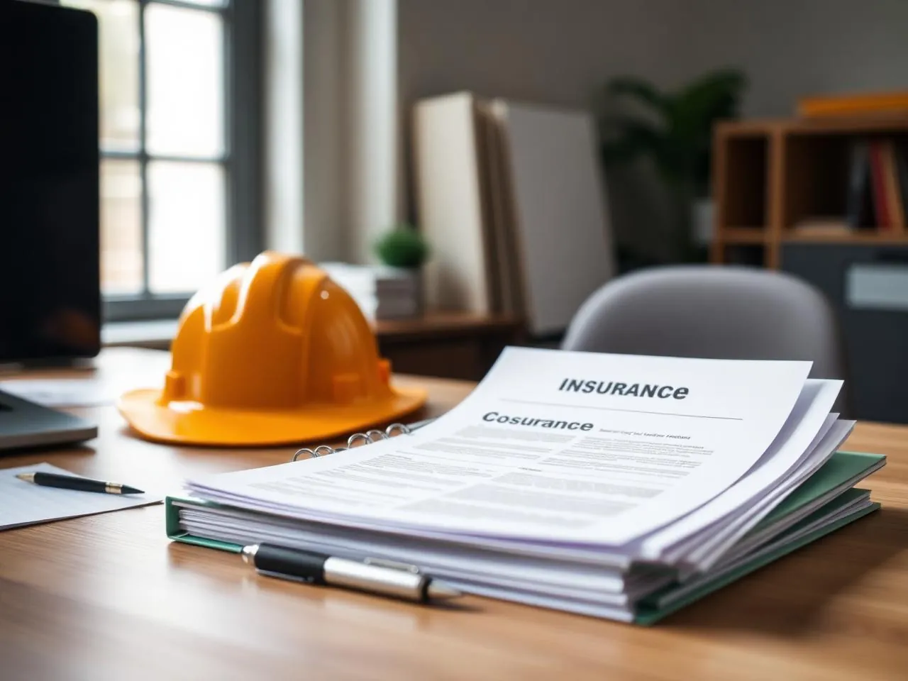 Certificate of insurance paperwork and licensing records prepared on a contractor's office desk