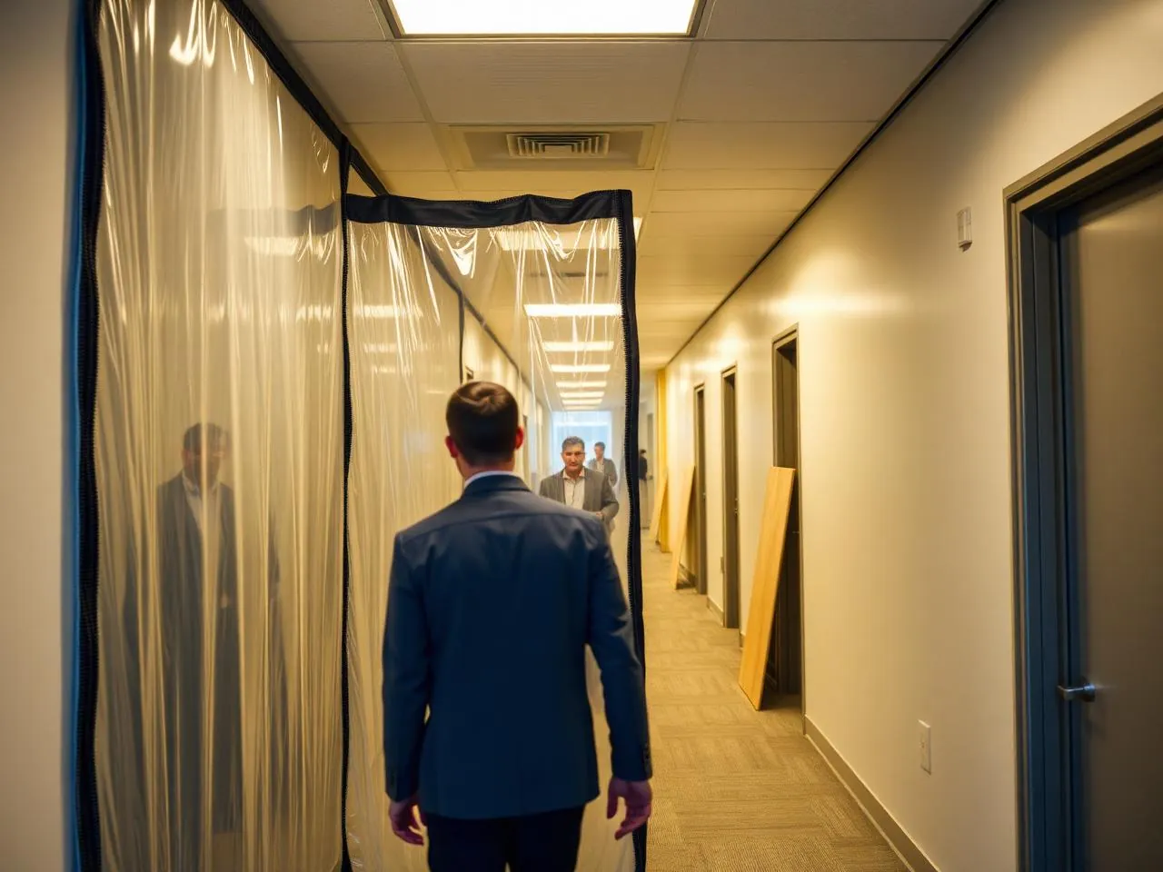 Zip-wall containment and floor protection separating construction from an occupied NYC office corridor