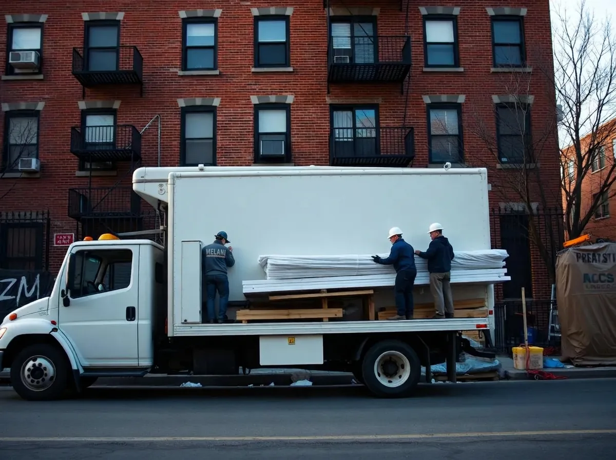 Emergency repair crew unloading shoring lumber and plastic sheeting at a Brooklyn apartment building at dawn