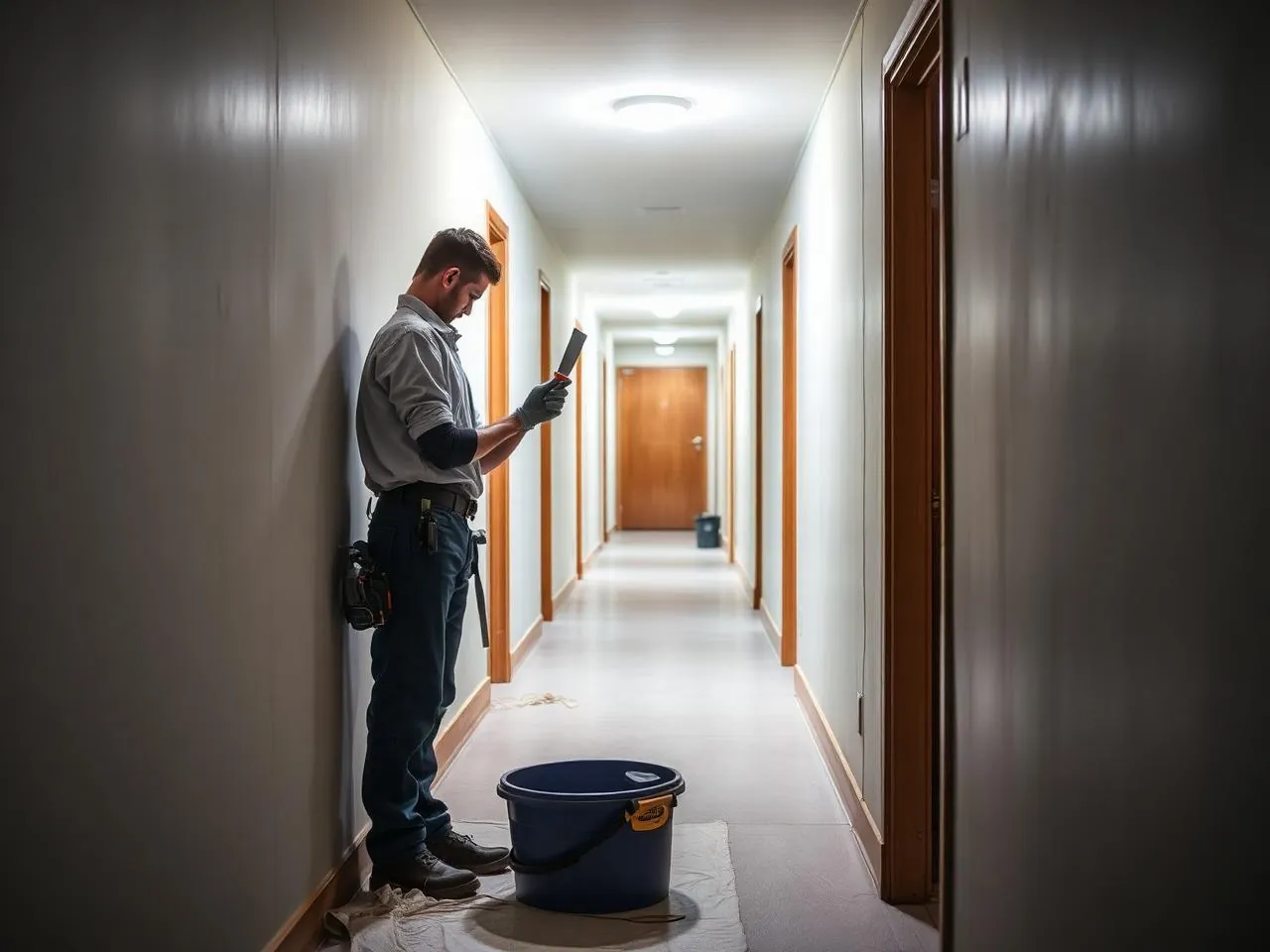 Maintenance technician patching and finishing a wall in a New York City apartment building hallway