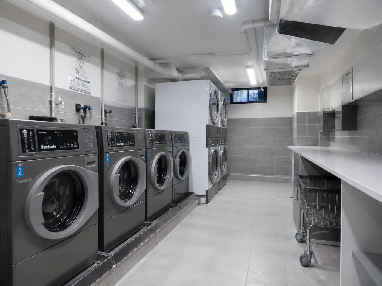 Renovated shared laundry room in a New York City apartment building with new machines, drain pans, and tiled walls
