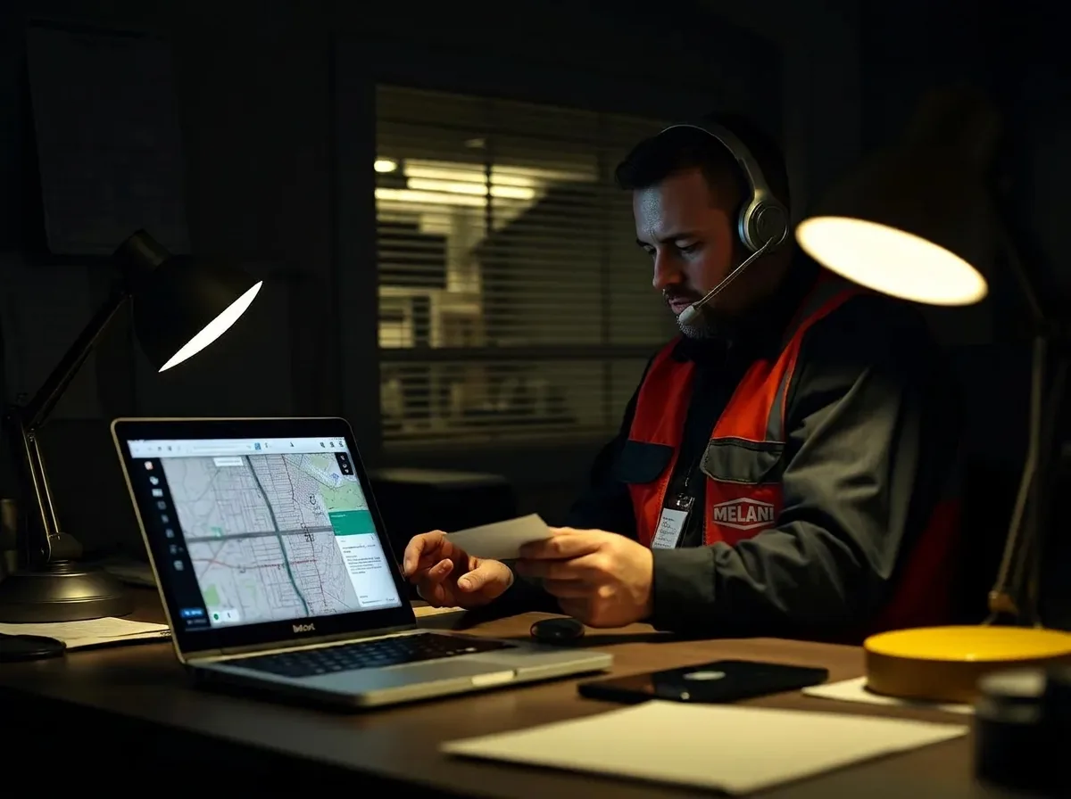 Night dispatcher on a headset taking emergency repair call details at a contractor office desk