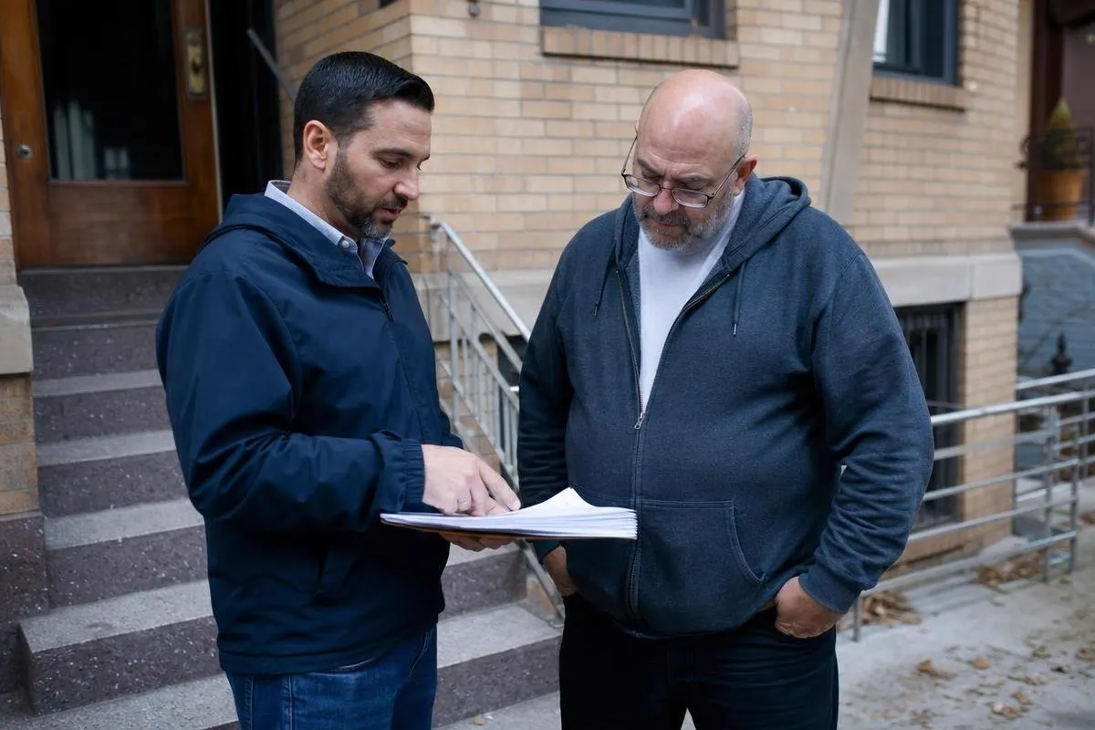 Two men reviewing violation and permit documents outside a Brooklyn apartment building