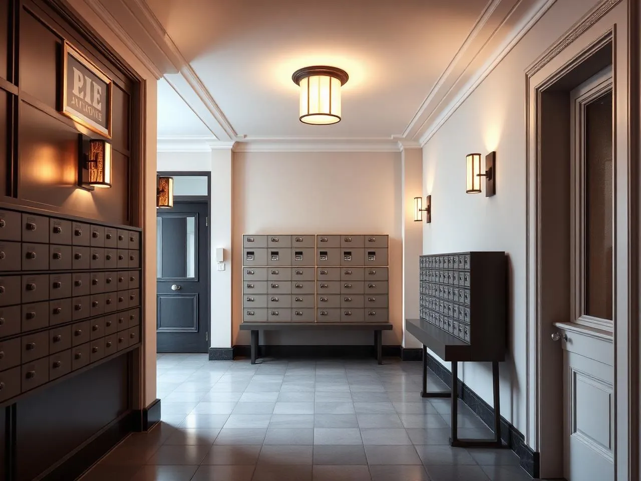 Renovated NYC apartment building lobby with tile floor, mailbox bank, and new sconce lighting