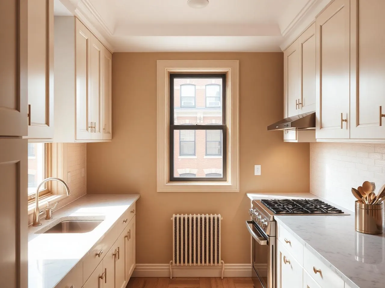 Renovated pre-war Park Slope co-op kitchen with shaker cabinetry and stone counters by Melani General Contractor