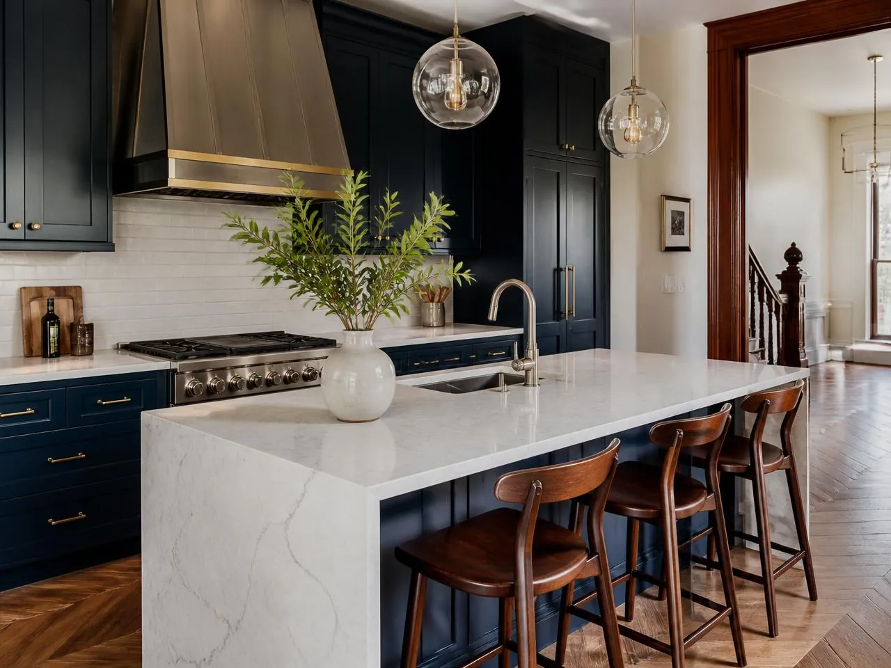 Kitchen remodel cost NYC — brownstone kitchen island with waterfall quartz countertop and seating