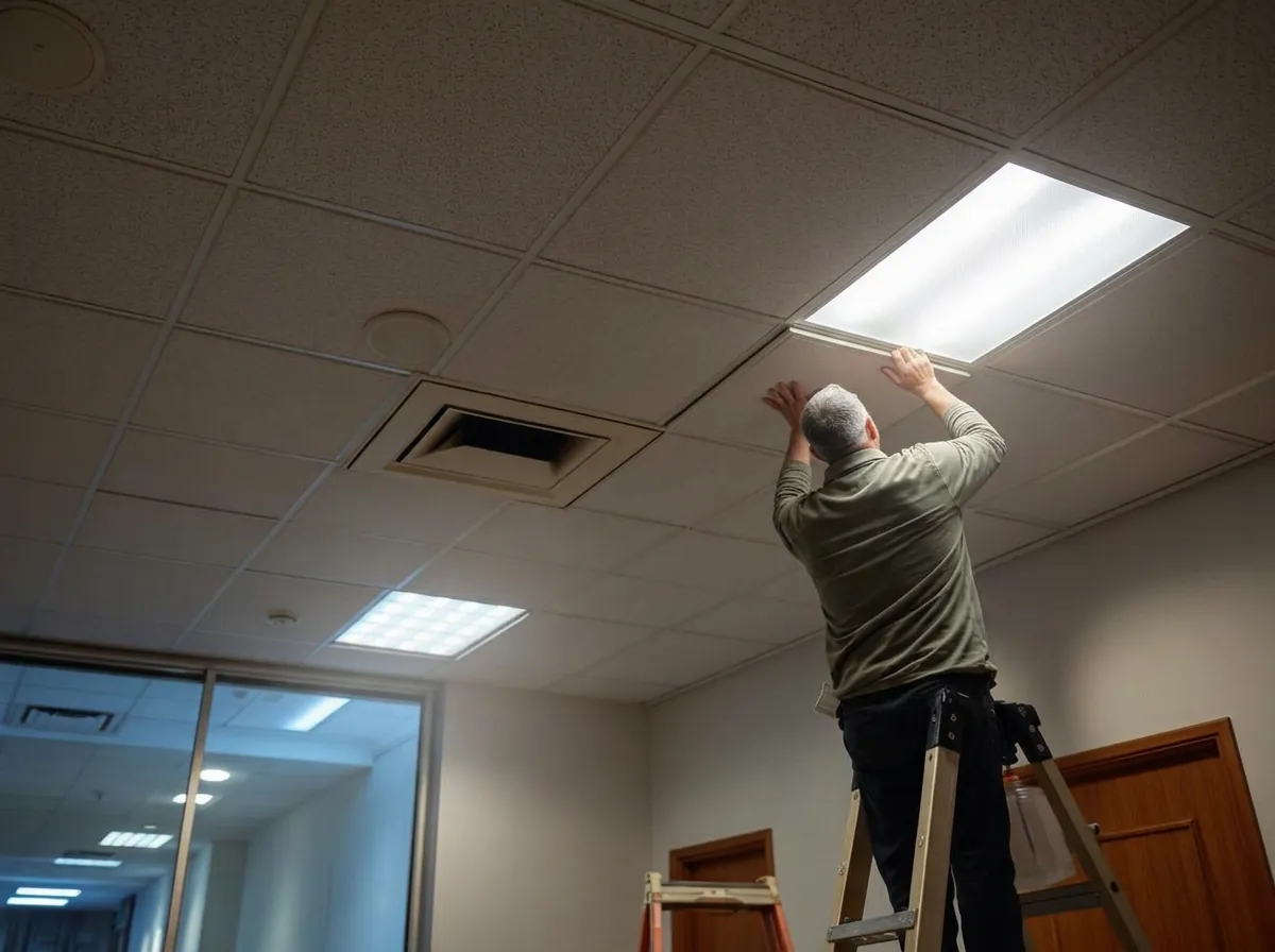 Overnight restoration crew replacing water-damaged ceiling tiles in an NYC commercial office space