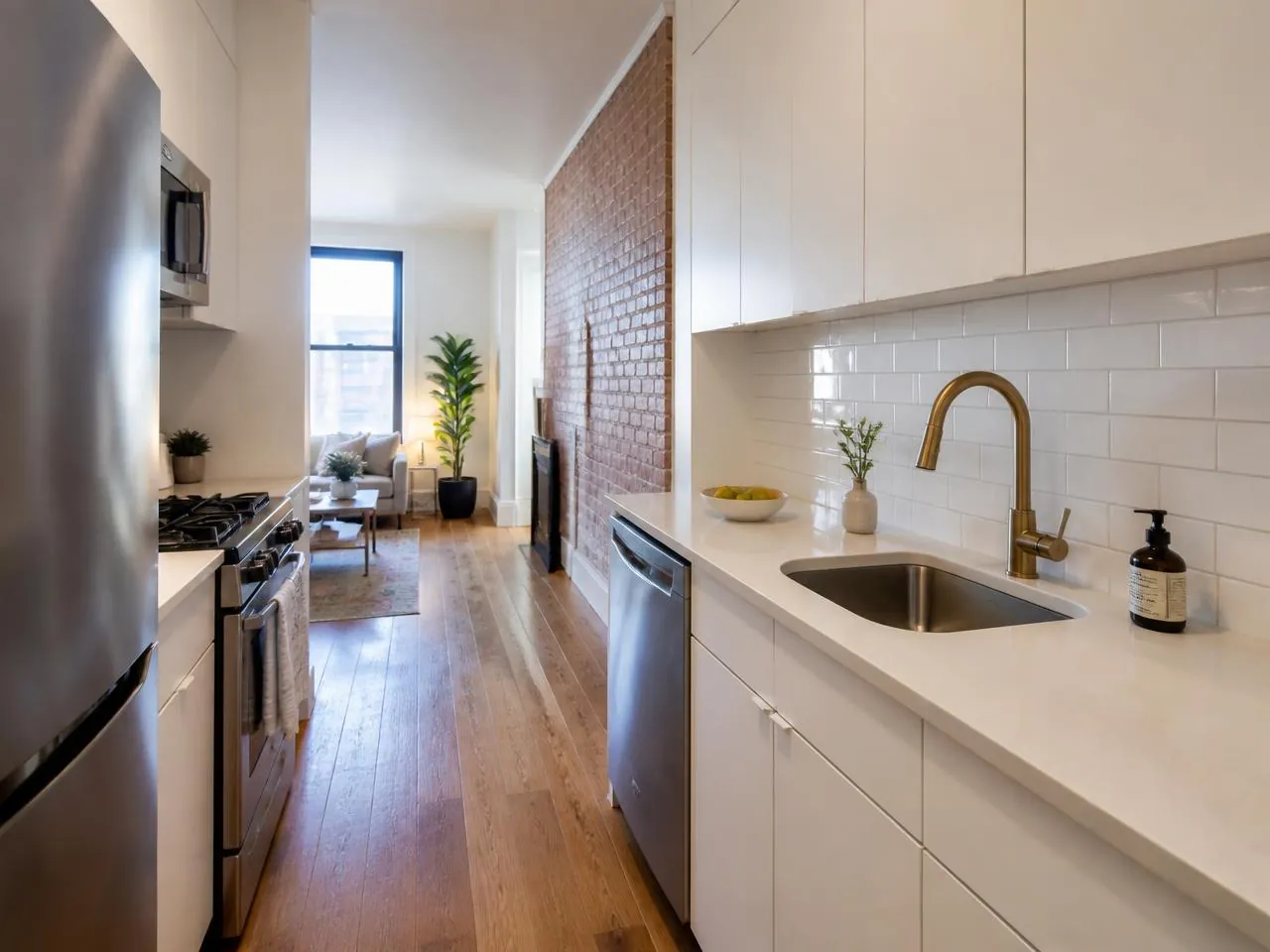 Williamsburg kitchen remodel by Melani General Contractor in a pre-war Brooklyn walk-up with exposed brick accent