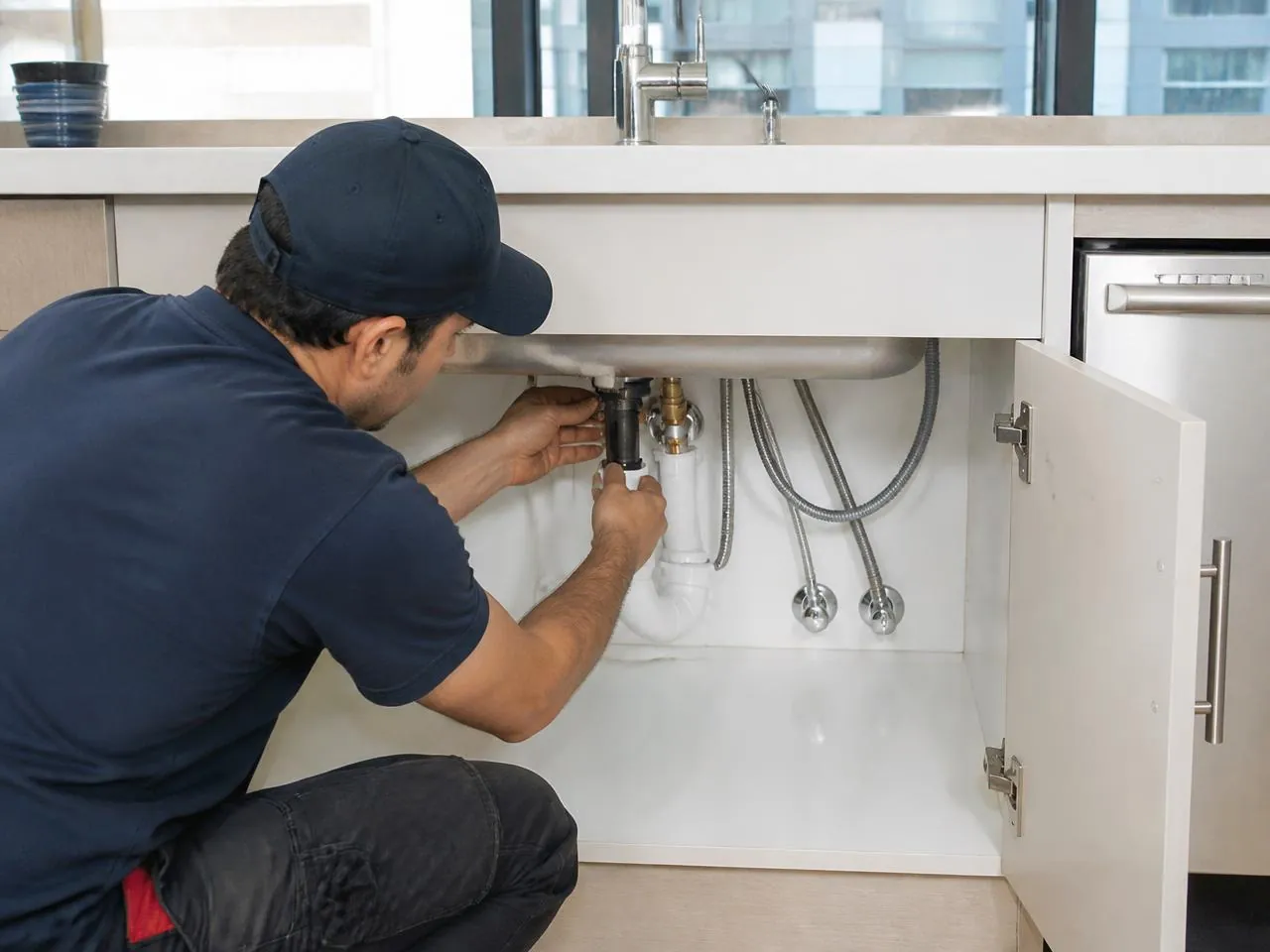 Plumber connecting kitchen sink supply and drain lines during an NYC kitchen remodel