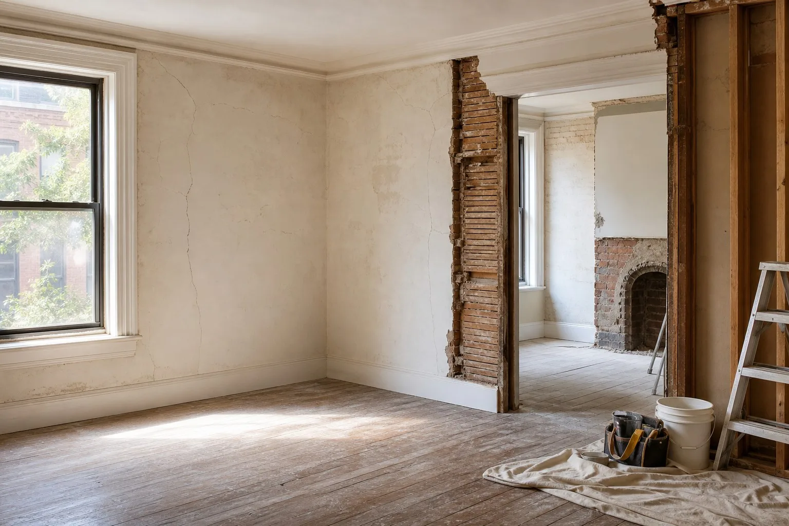 pre-war Brooklyn parlor with cracked plaster and an opened wall exposing lath and a brick fireplace