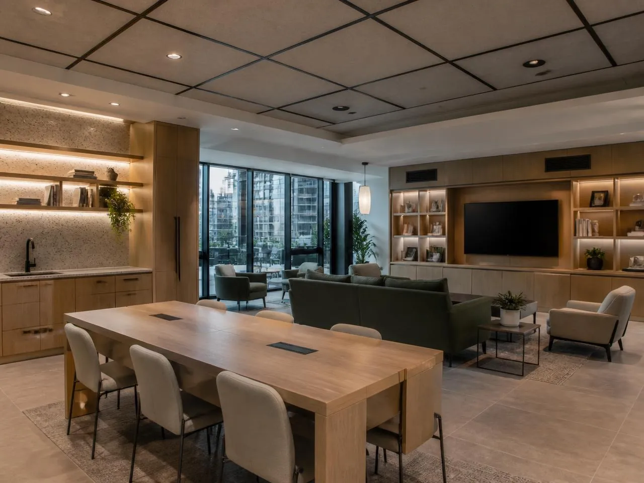 Renovated residents' amenity lounge in a New York City condo building with custom cabinetry and acoustic ceiling panels