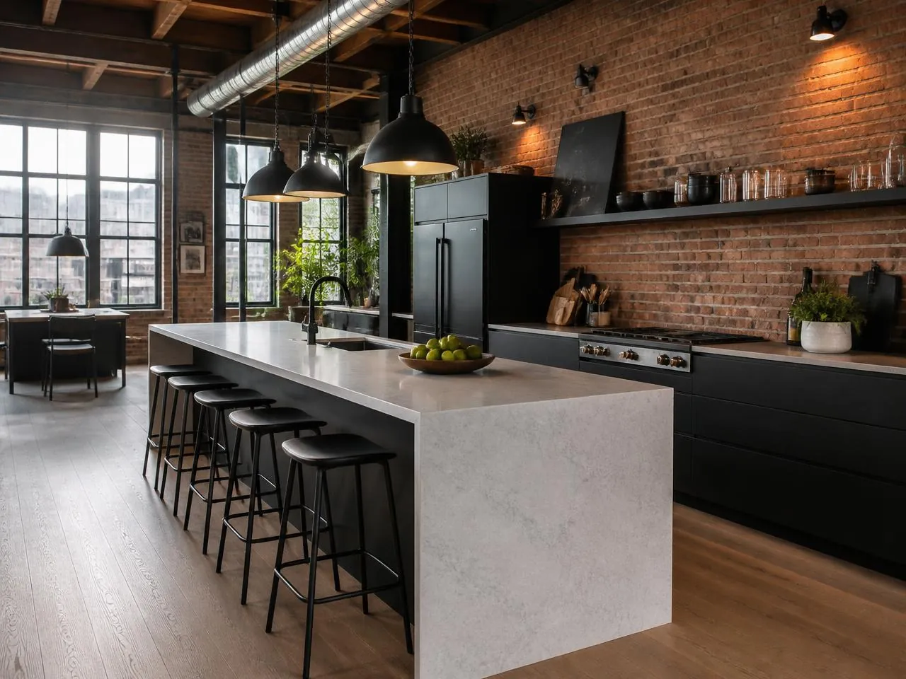 Loft kitchen built during a loft remodel NYC with island, exposed brick and long duct run