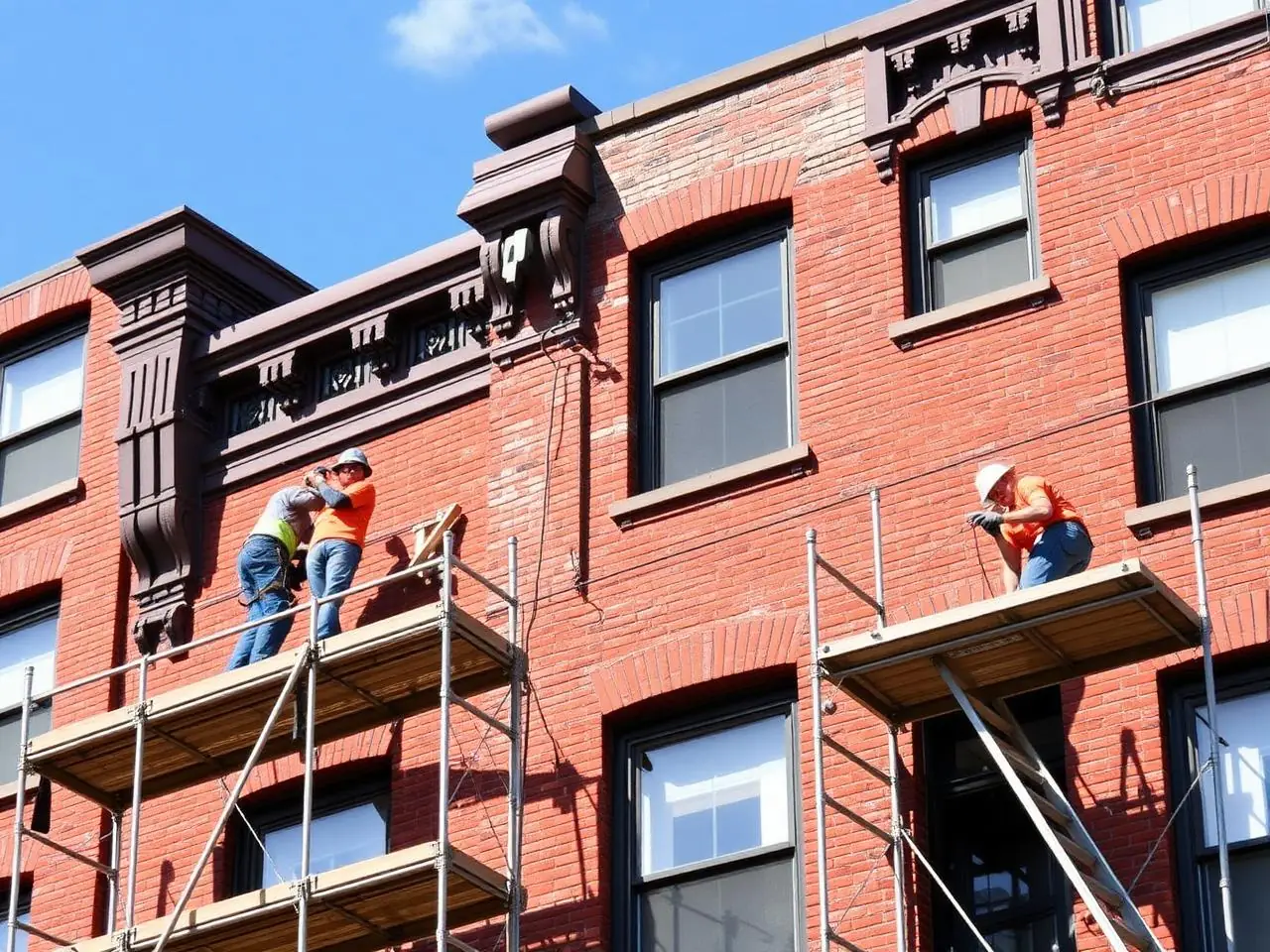 Masons repointing brick facade and cornice of an NYC apartment building for Local Law 11 compliance