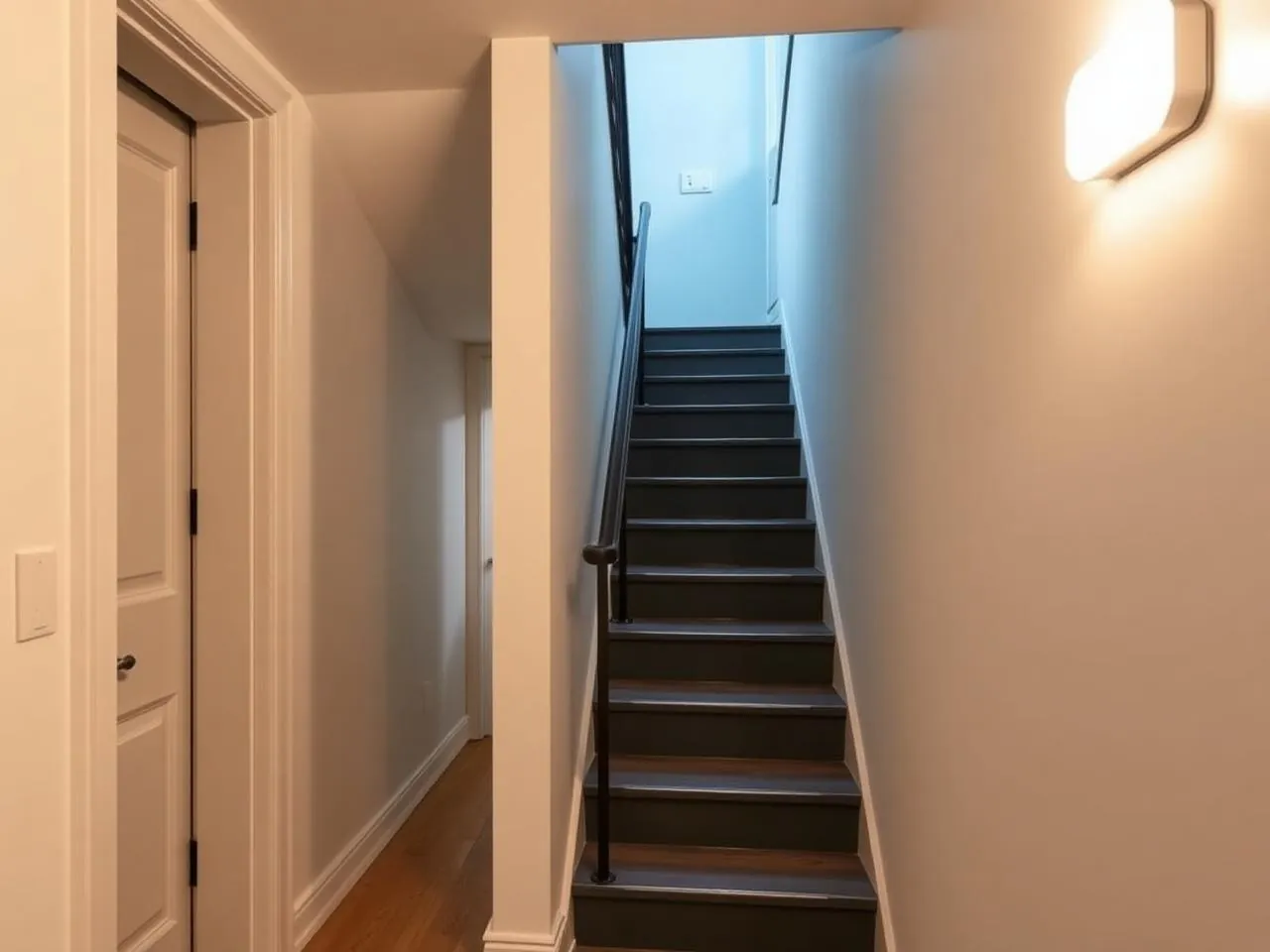 Renovated walk-up apartment building stairwell and hallway with new treads and corridor lighting