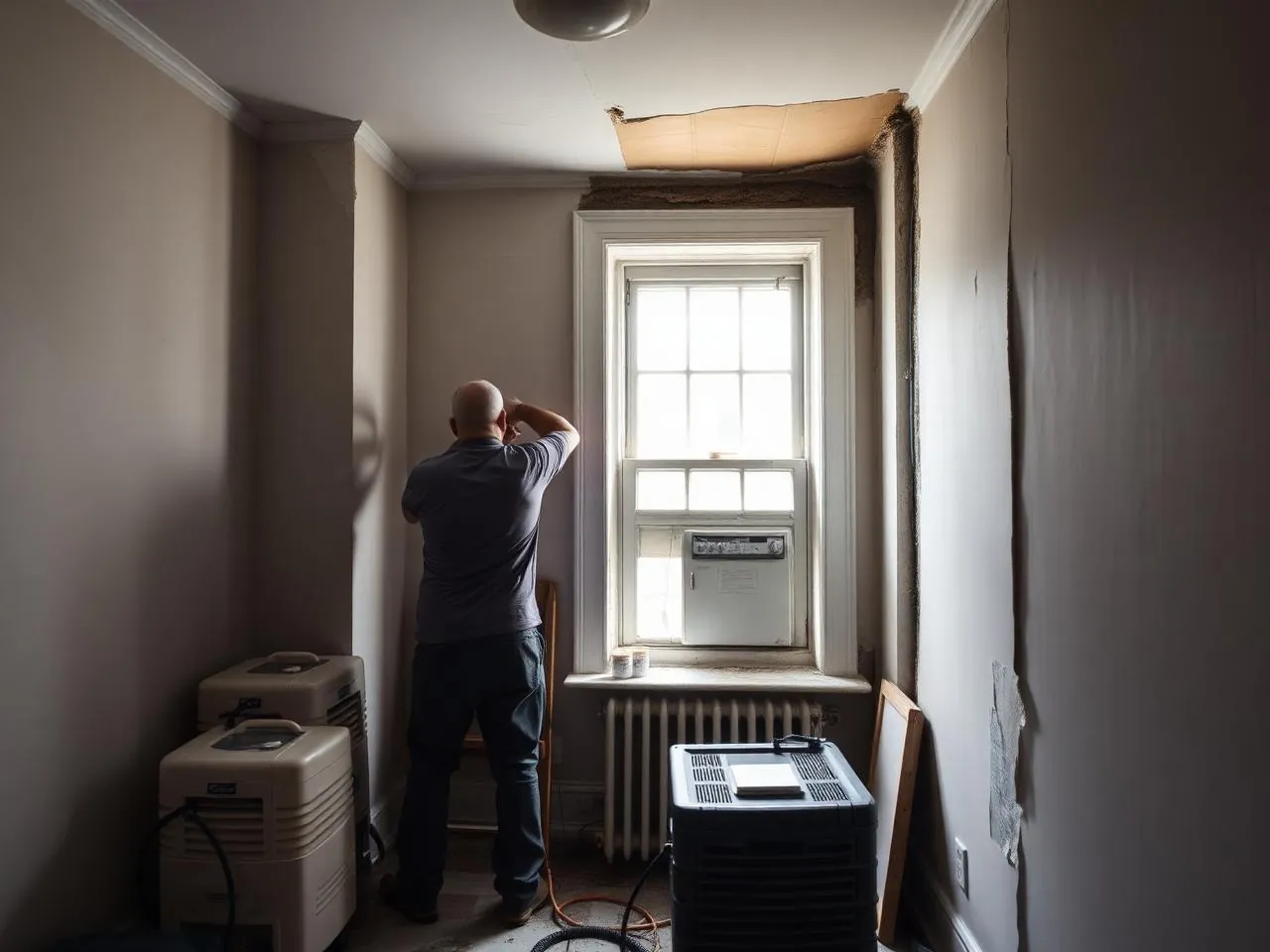 Reconstruction of a water-damaged prewar Brooklyn apartment interior with dehumidifiers running
