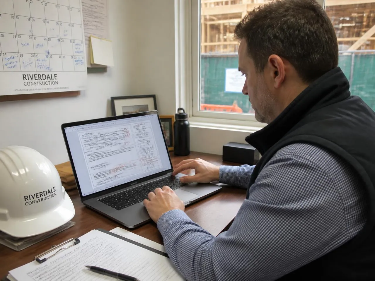 Project manager reviewing NYC DOB permit paperwork and stamped drawings for a local law compliance filing