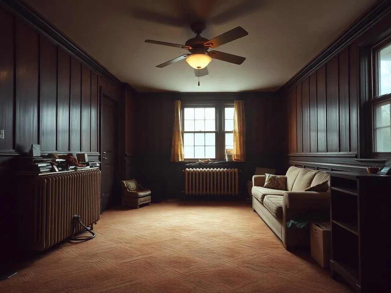 Before a home renovation NYC with dated wood paneling, worn carpet and old radiators