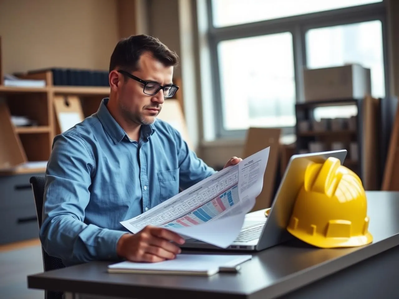 Project manager reviewing a construction schedule at a site office desk with a hard hat beside the laptop