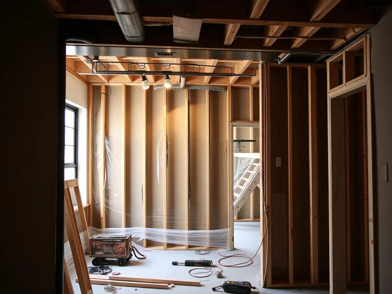 Home renovation NYC open floor plan conversion with new steel beam header and framed walls