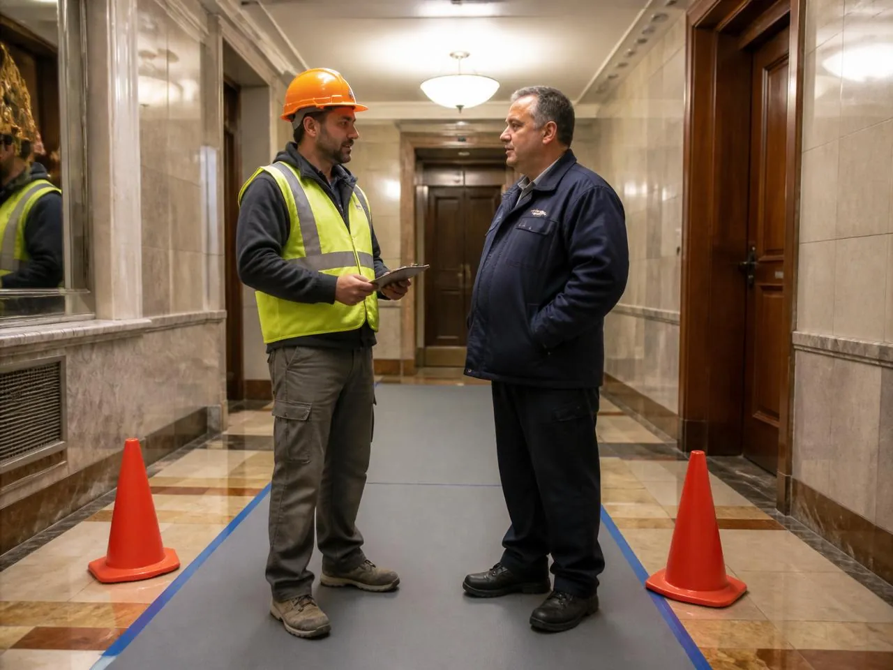 Contractor foreman coordinating with a building superintendent in an apartment lobby with floor protection