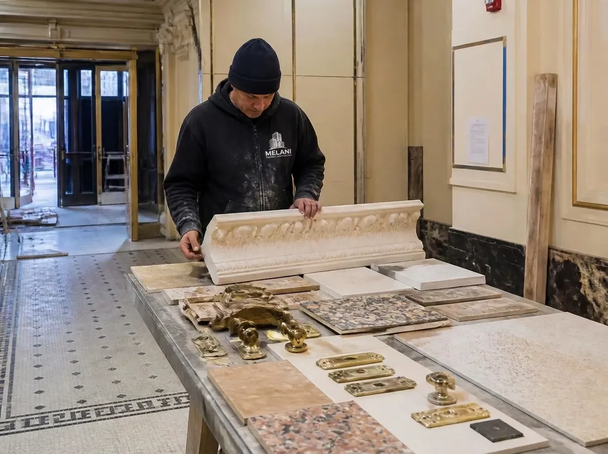 Finish carpenter matching a replicated plaster crown molding and brass hardware in a pre-war NYC building lobby