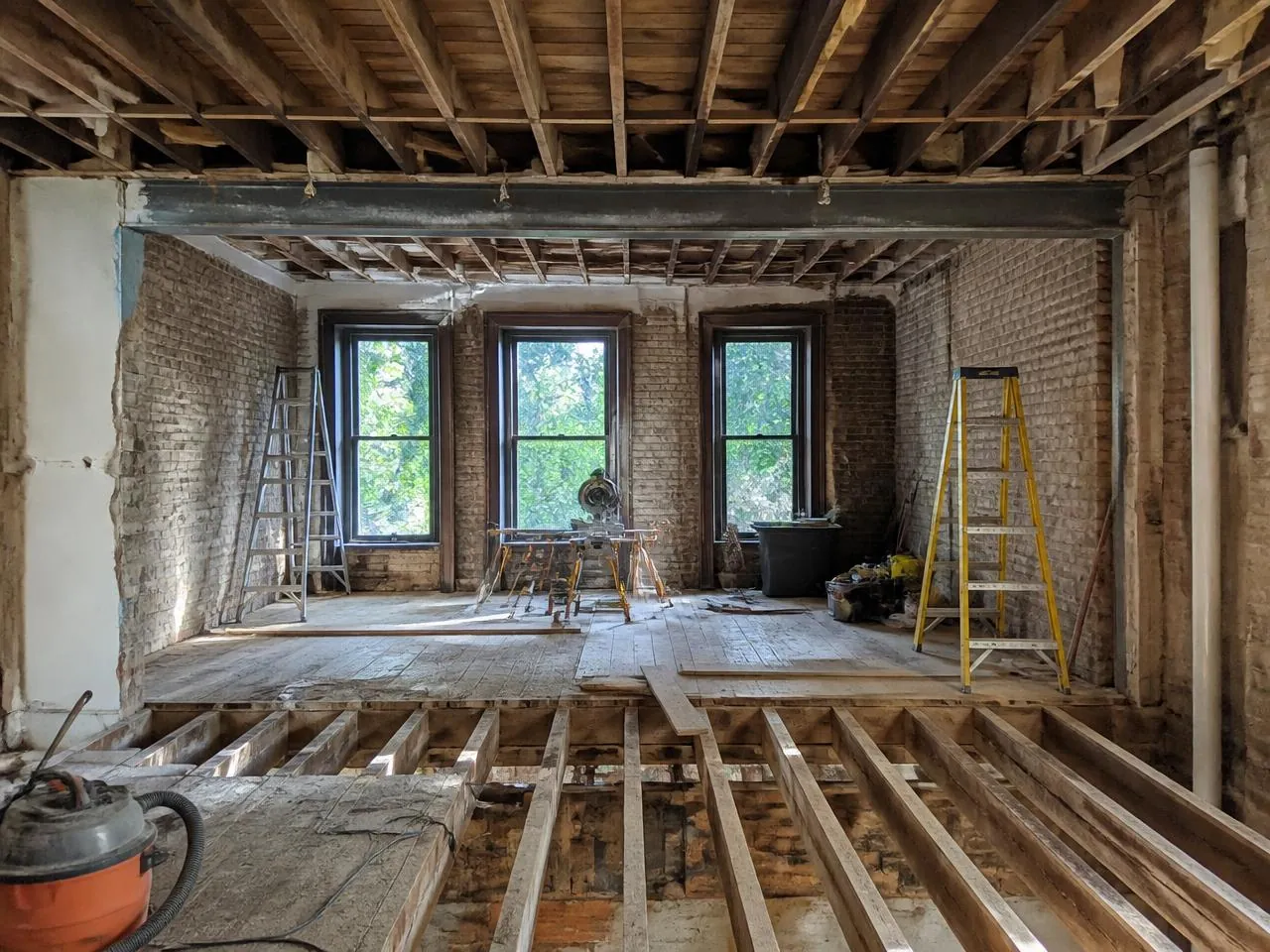 Structural framing during a Brooklyn gut renovation