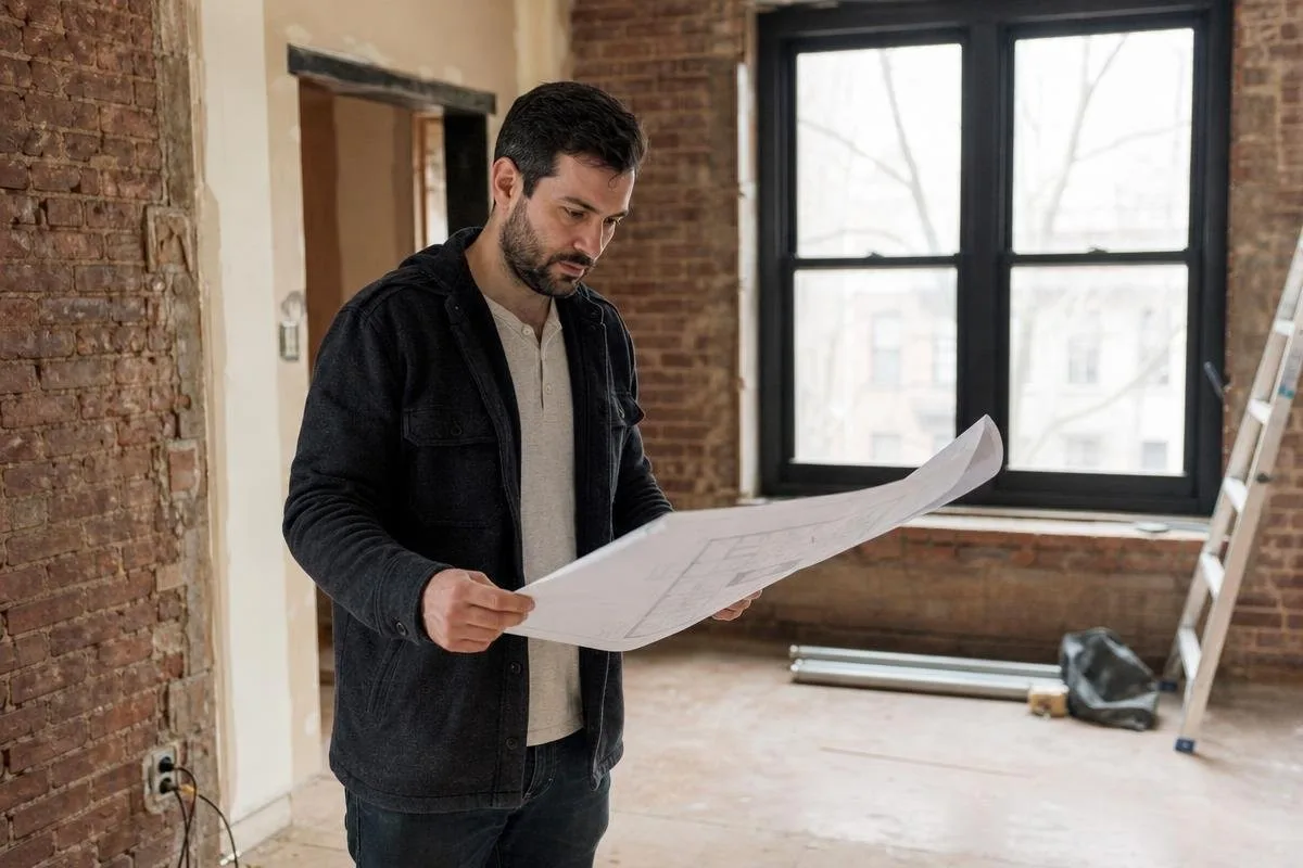 contractor reading renovation drawings in an apartment with exposed brick walls and bare subfloor