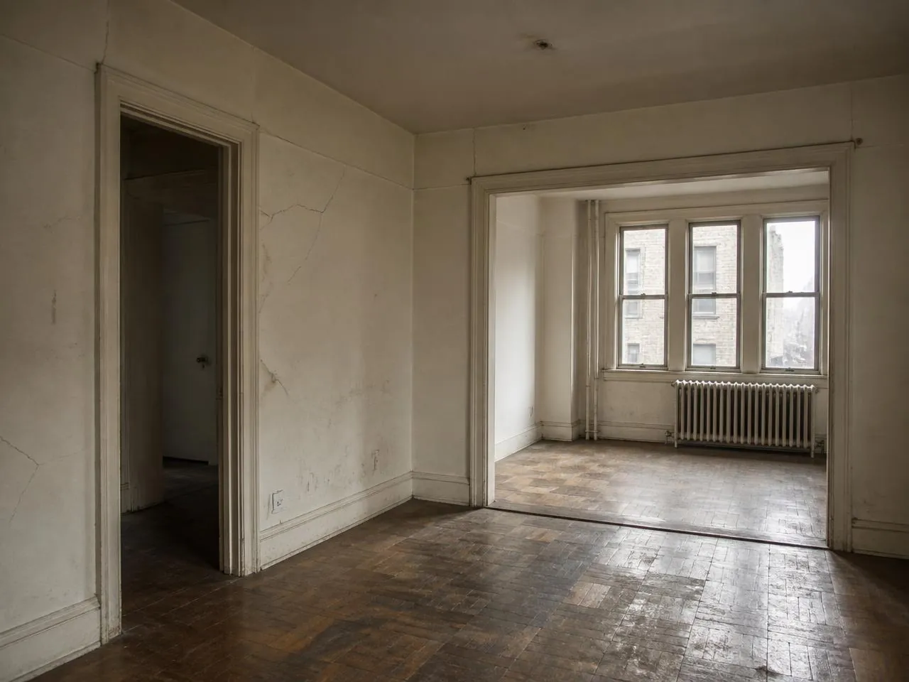 Pre-war apartment renovation in Brooklyn before work began, showing closed-off rooms and cracked plaster