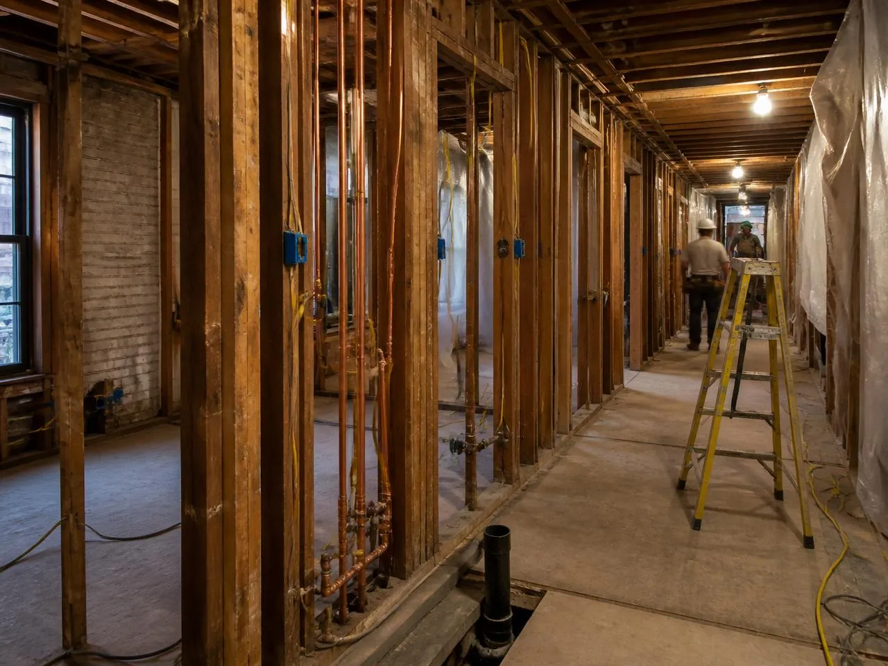 Gut renovation in progress in a Williamsburg tenement apartment with new copper plumbing and electrical rough-in