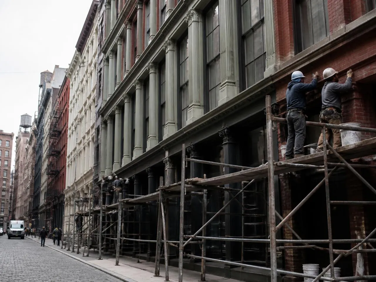 Masonry workers on scaffolding restoring a historic warehouse facade on a cobblestone Tribeca street