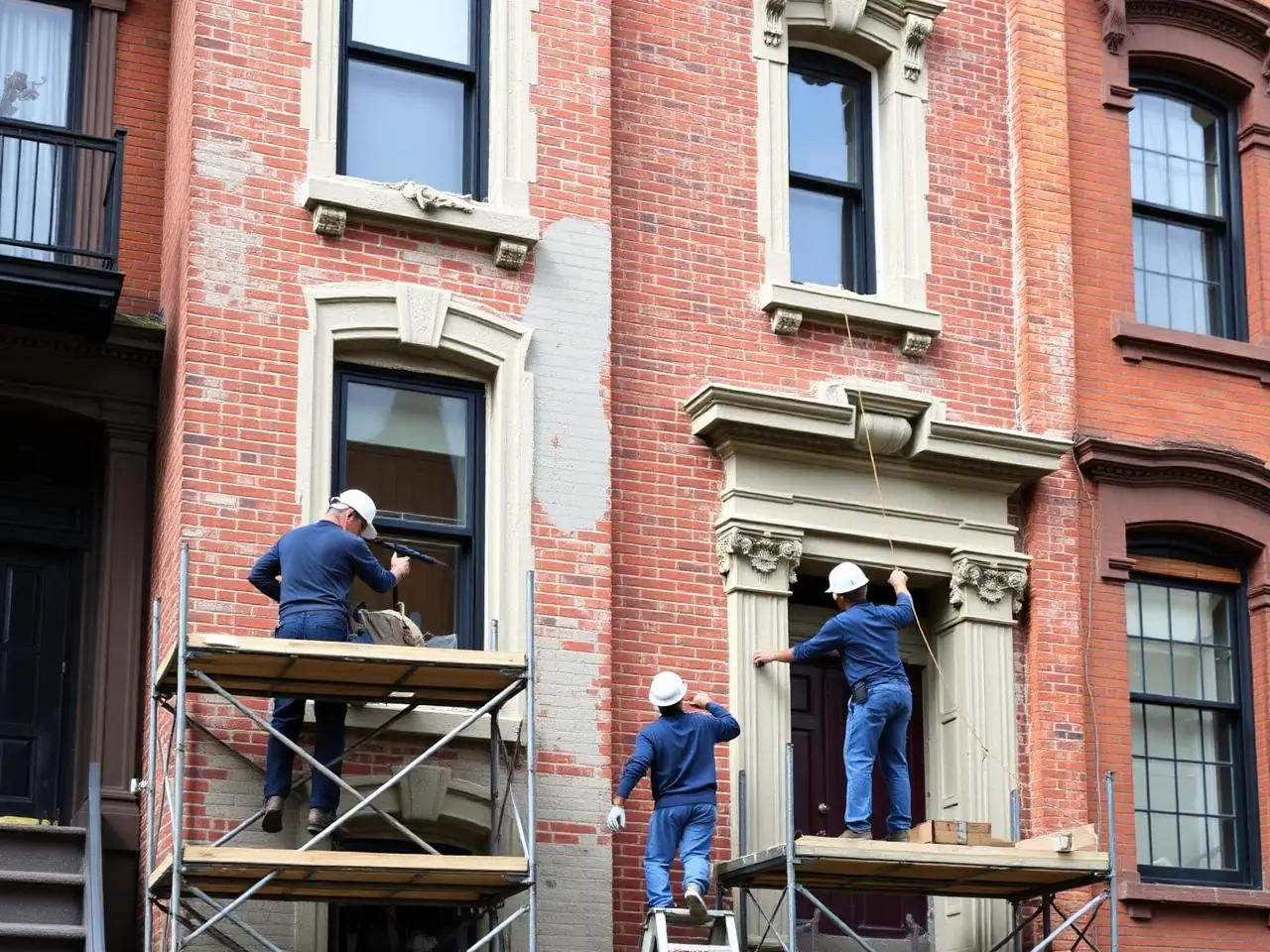 Masons repointing a historic Brooklyn Heights brick and brownstone facade with lime mortar
