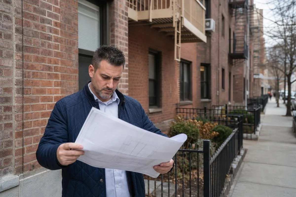 property manager reviewing building plans on the sidewalk outside a brick Brooklyn apartment building