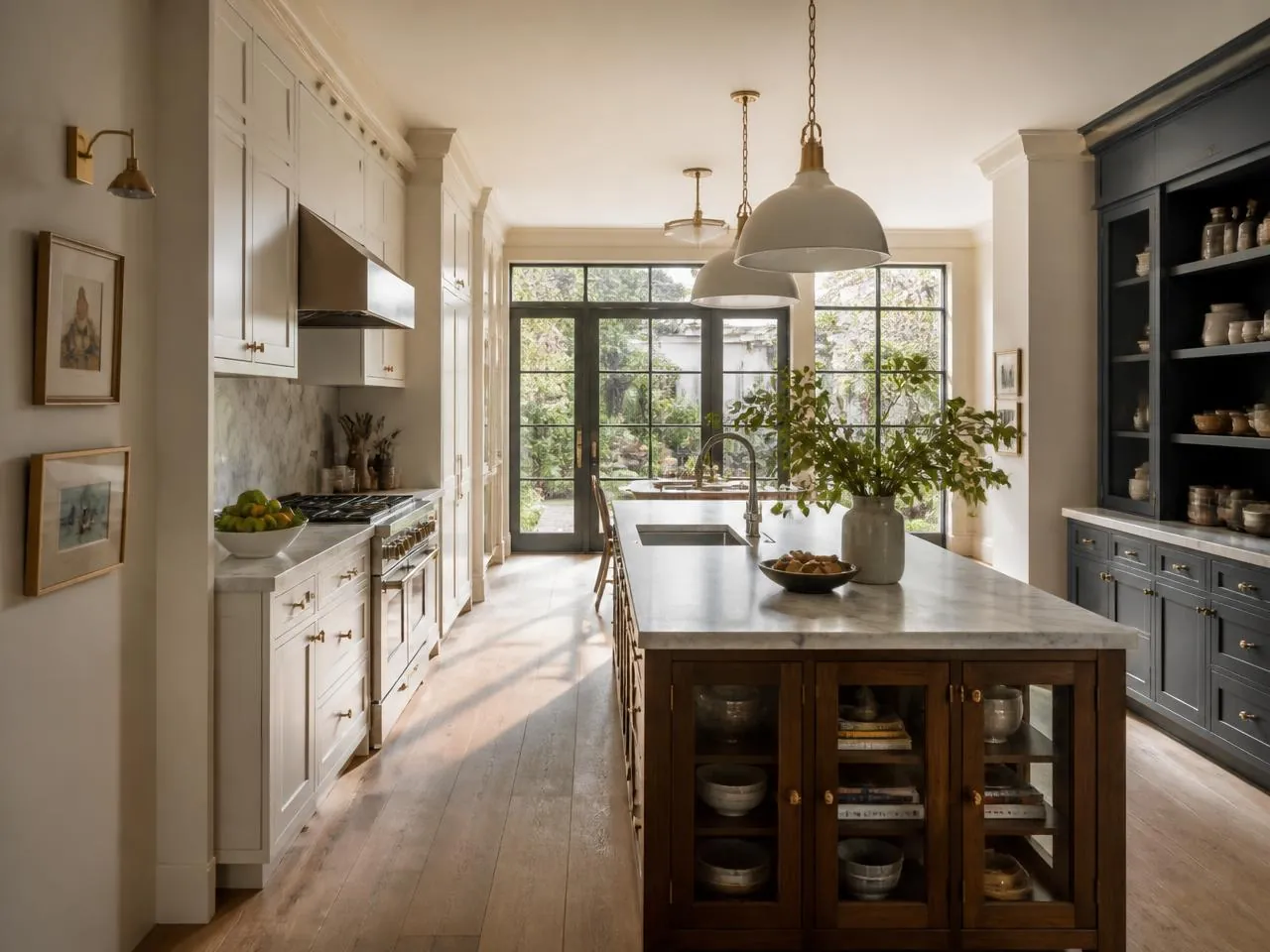 Garden level kitchen finished during a townhouse remodel NYC with island and rear garden doors