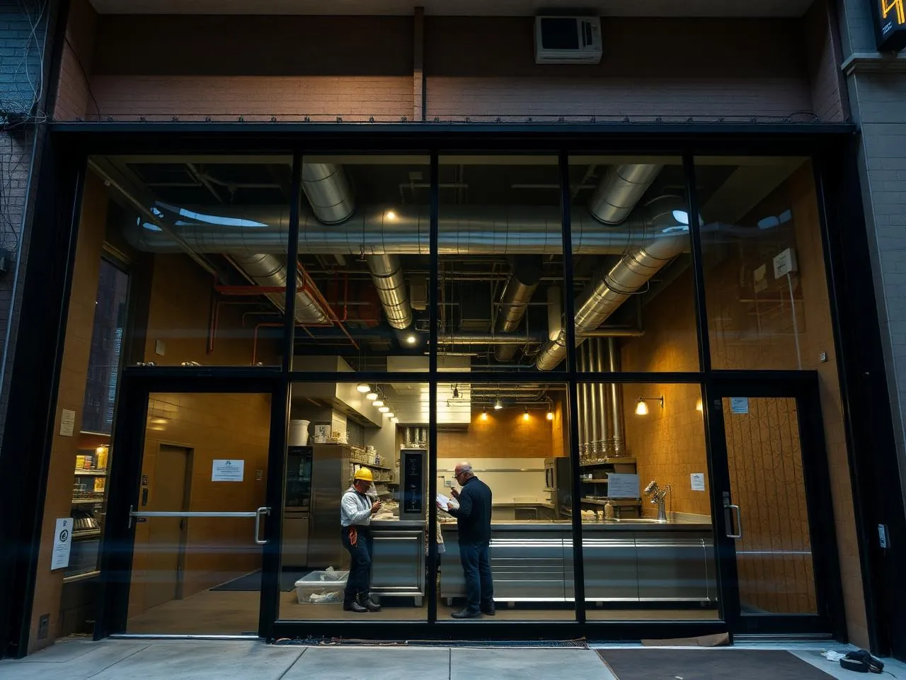 NYC storefront retail and restaurant build-out in progress with new glazing and exposed mechanical ductwork