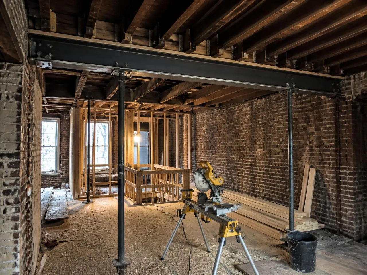 Structural steel beam and sistered joists installed during a brownstone gut renovation in Brooklyn