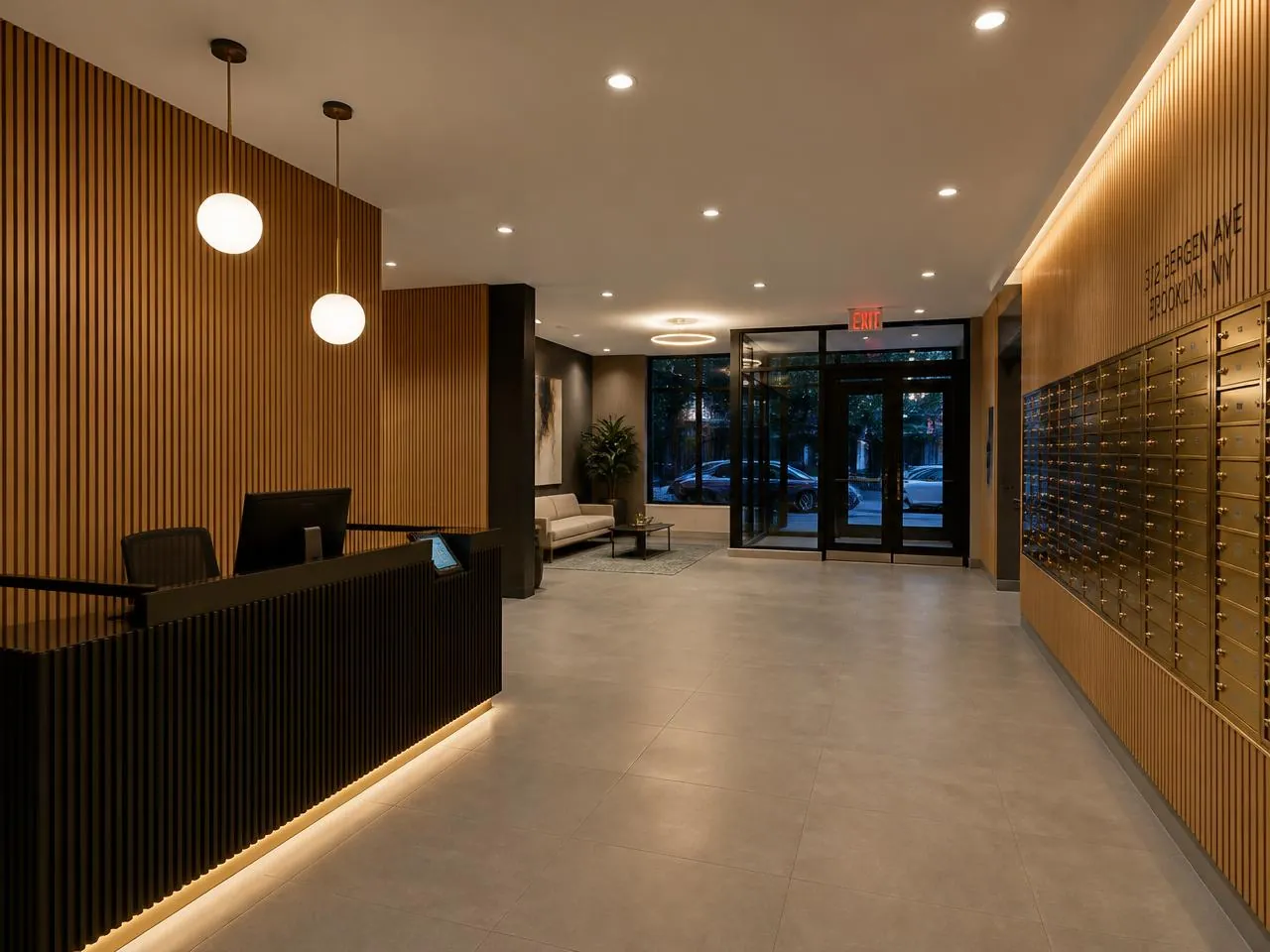 Lobby renovation in a Brooklyn residential building with new tile, lighting, mailroom and security desk