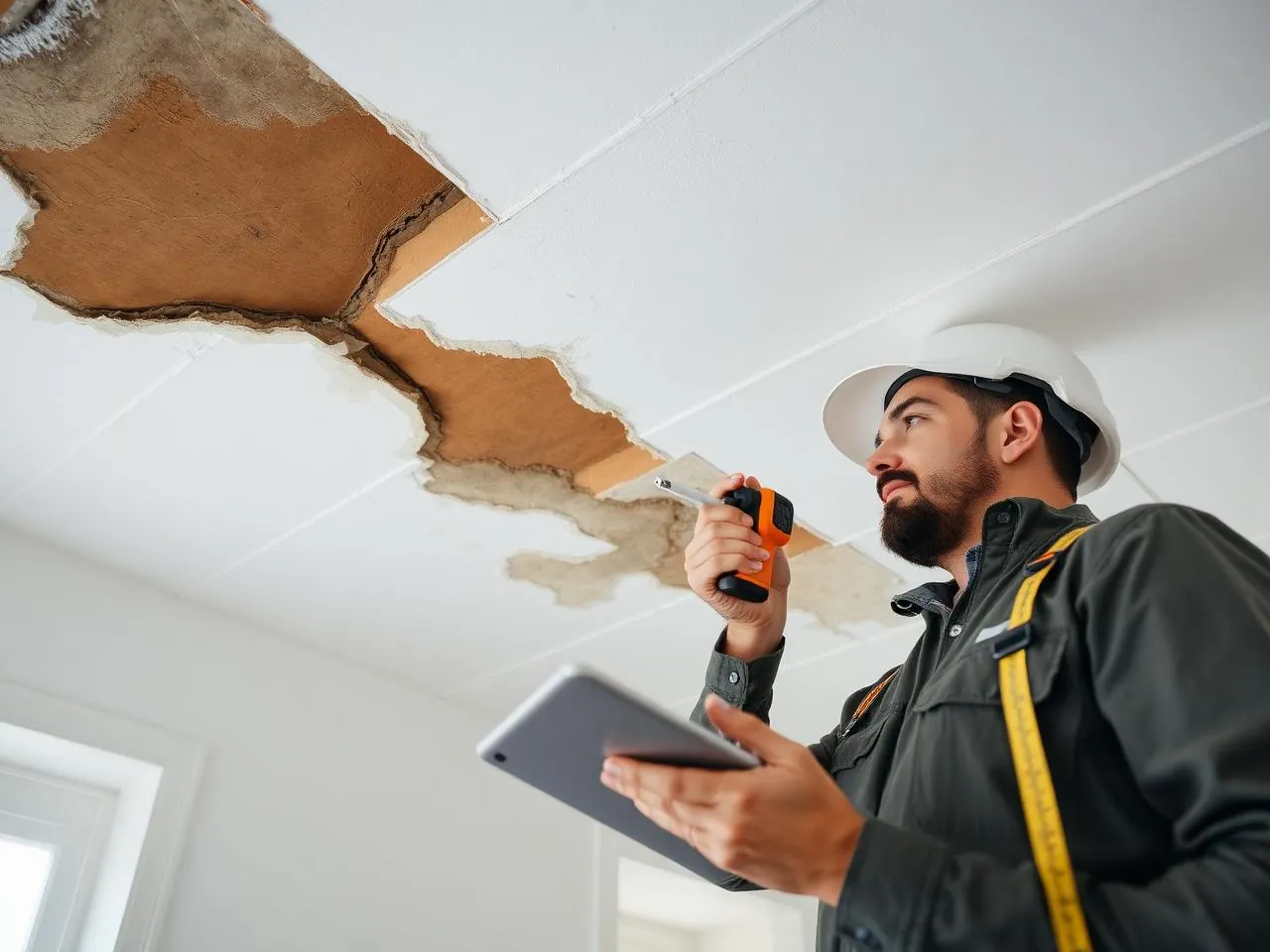 Contractor documenting ceiling water damage with a moisture meter and tablet for an insurance claim