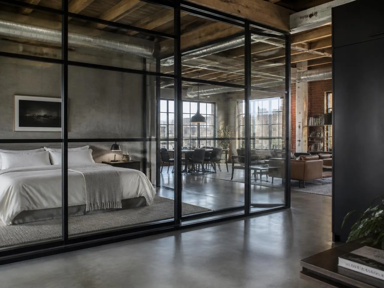 Industrial loft renovation NYC glass partition dividing bedroom from open living space