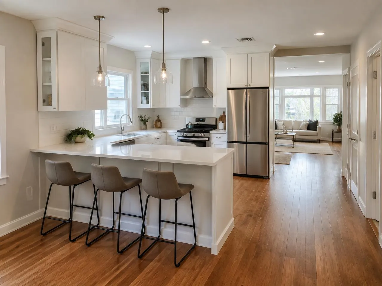 Queens kitchen remodel by Melani General Contractor with open-concept peninsula and quartz countertops