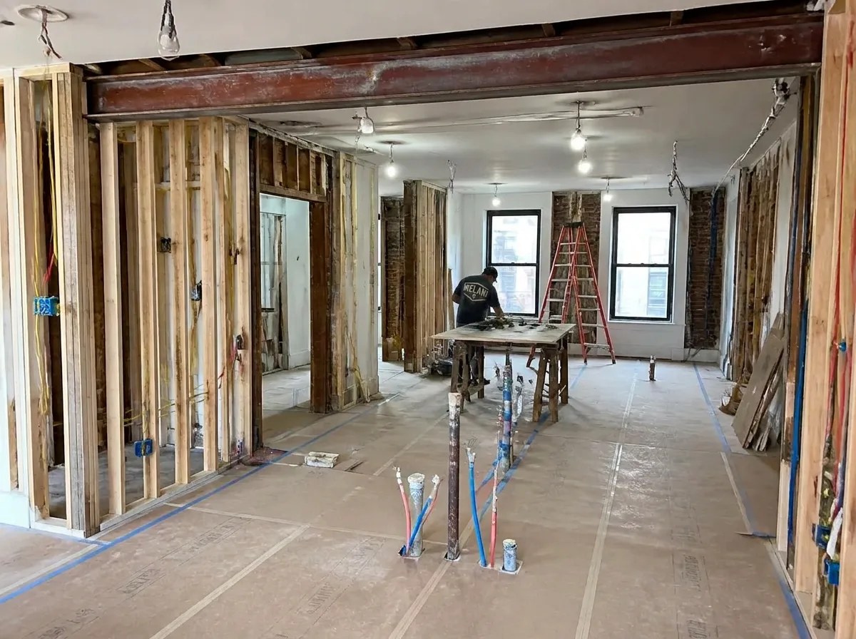 General contractor NYC managing a gut renovation with a new steel beam and mechanical rough-in