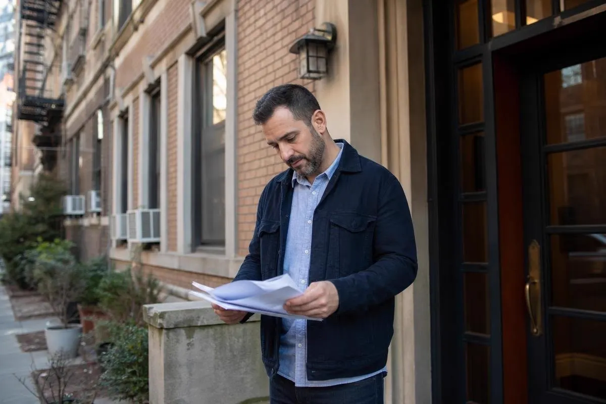 A man standing outside a brick Brooklyn building reviewing renovation approval documents
