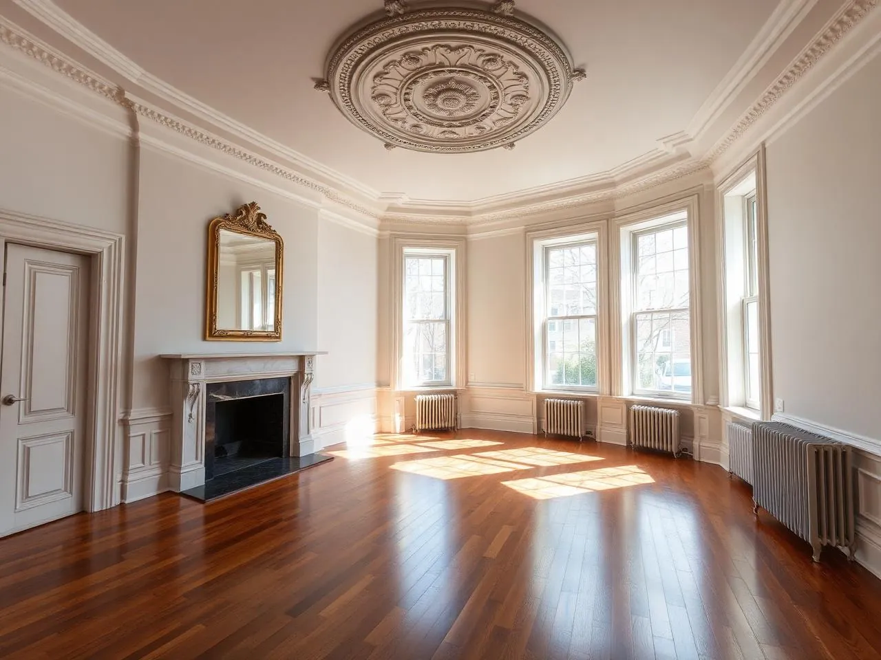 Restored brownstone parlor floor with original plaster medallion, marble mantel, and refinished hardwood