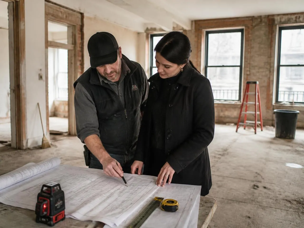 Contractor and architect reviewing co-op renovation drawings inside a gutted pre-war NYC apartment