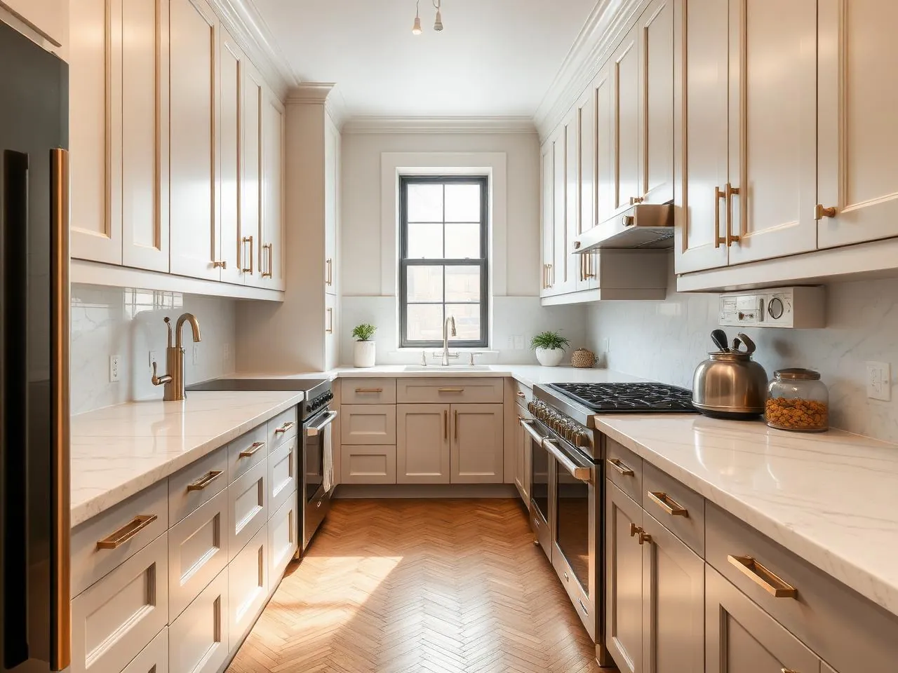 Finished galley kitchen renovation in a pre-war New York co-op with custom inset cabinetry and marble counters