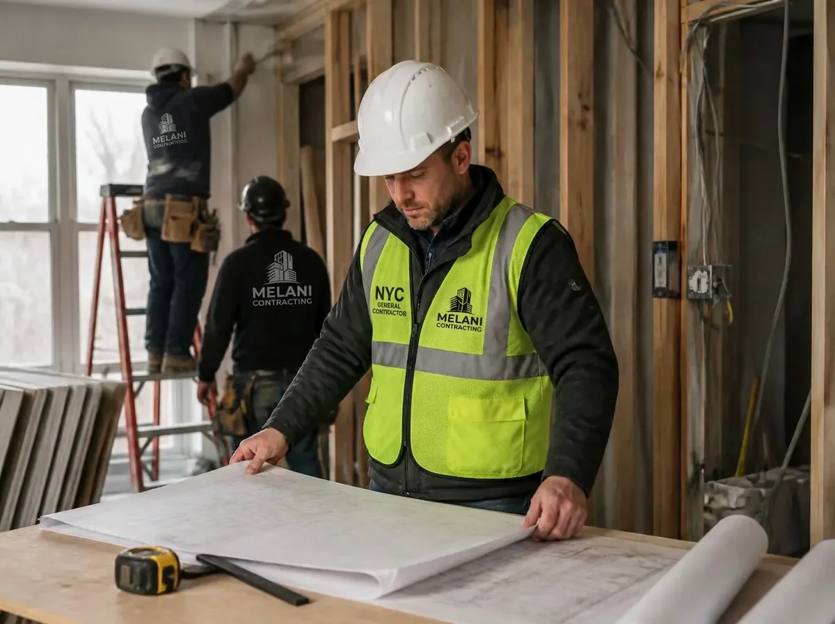 Licensed general contractor in NYC — Melani General Contractor project manager reviewing plans on site