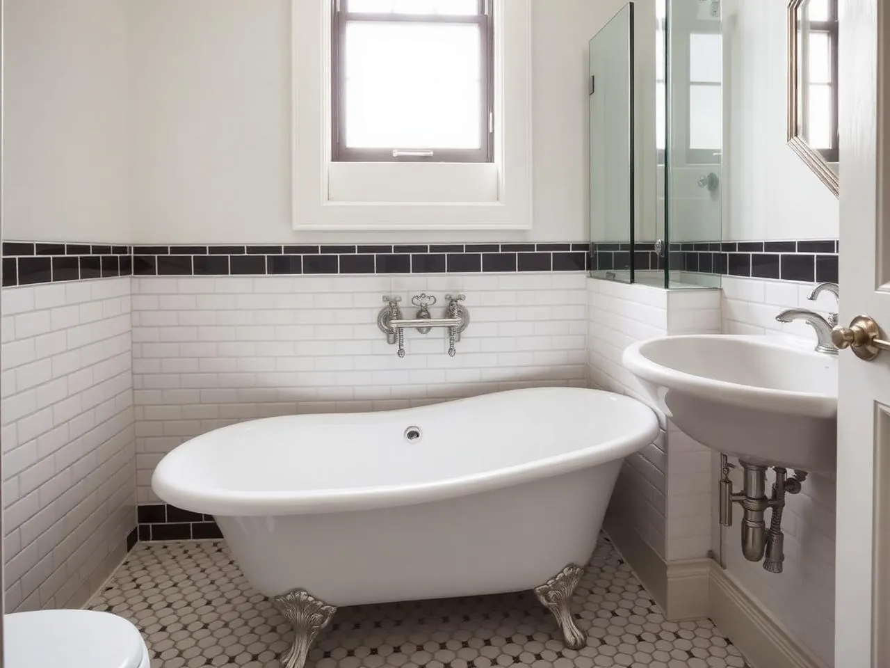 Renovated pre-war Manhattan bathroom with mosaic tile floor, subway tile walls, and nickel fixtures