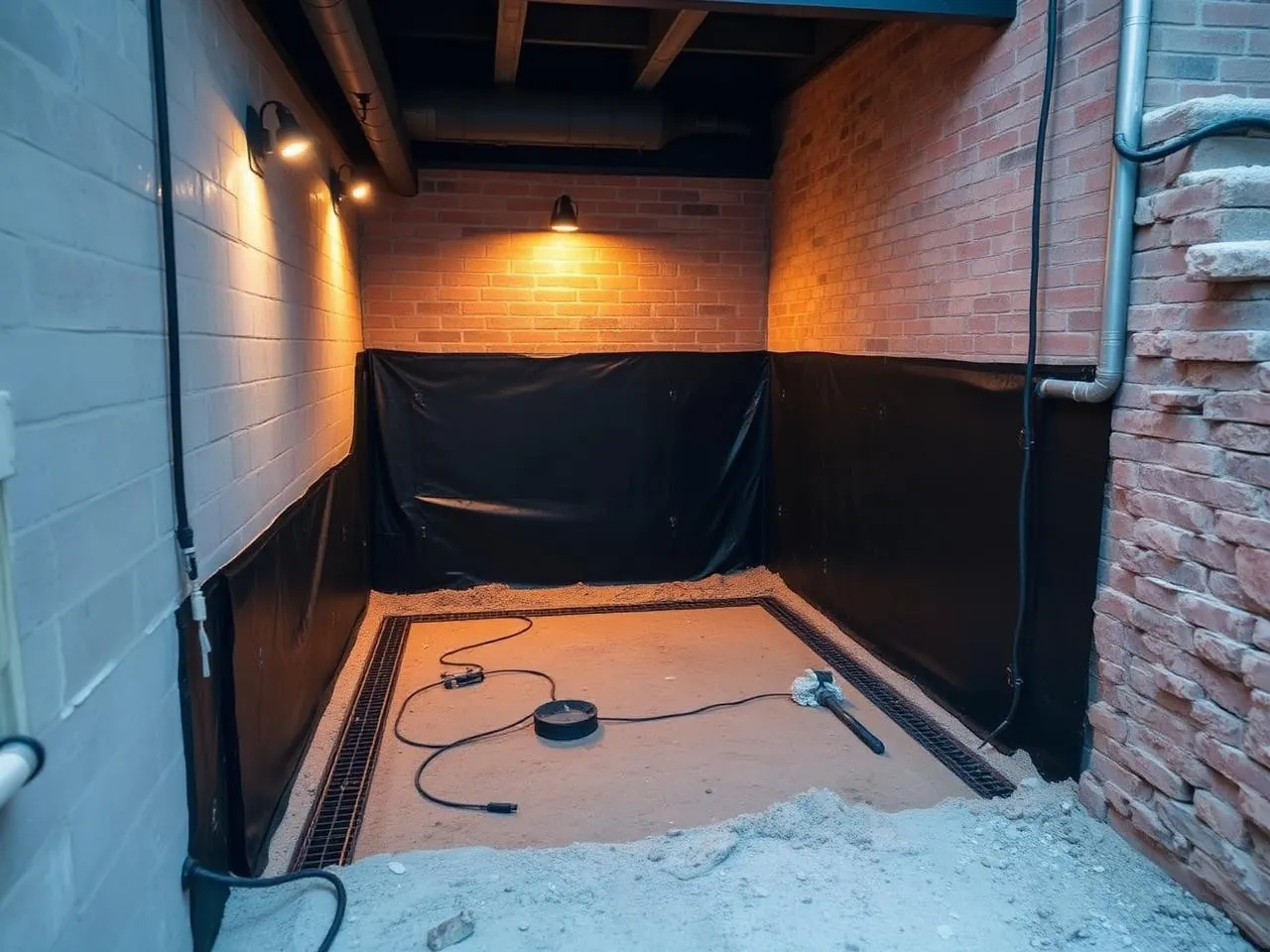 Brownstone garden level waterproofing with membrane applied to the foundation wall and new drainage installed