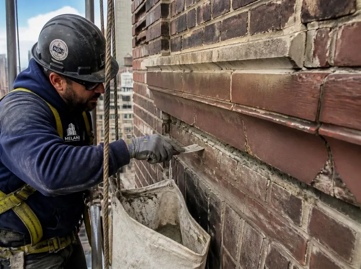 Mason repointing deteriorated brick and terra cotta on an NYC facade during Local Law 11 FISP repairs