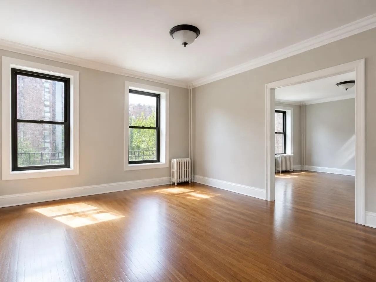 After interior painting NYC — smooth eggshell walls and crisp semi-gloss trim in a pre-war apartment